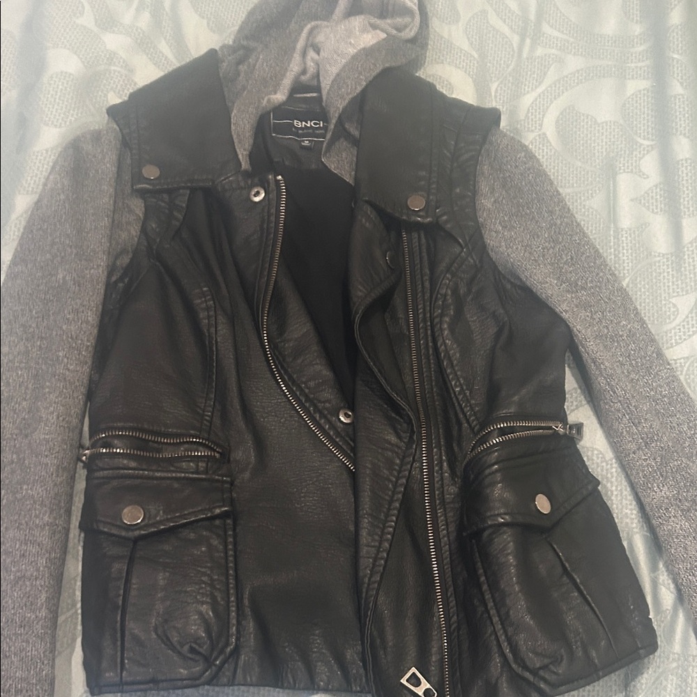 Black Leather Jacket with Gray Sleeves